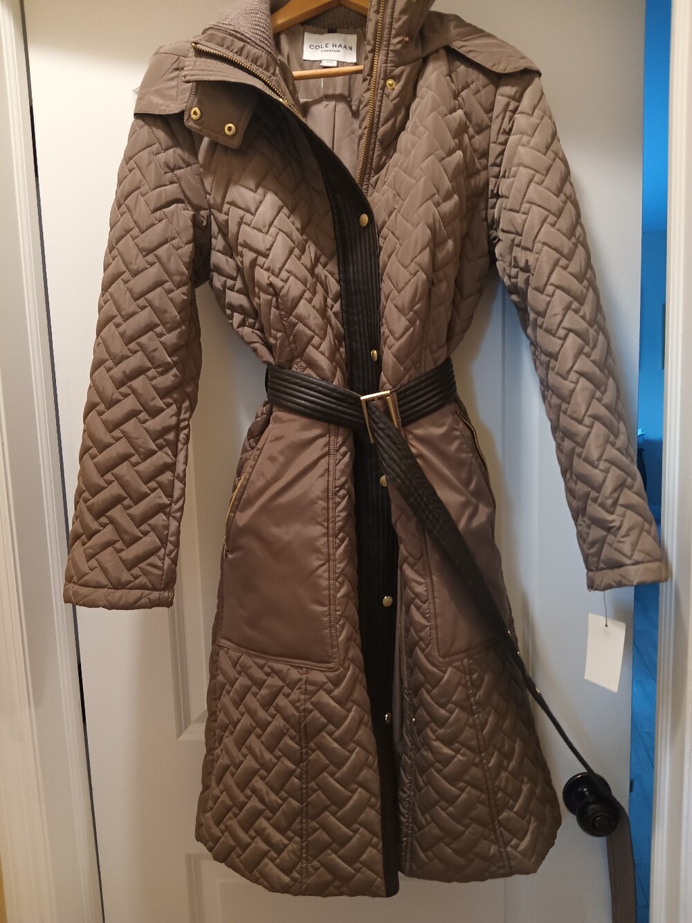 Cole Haan Taupe Quilted Belted Trench Coat